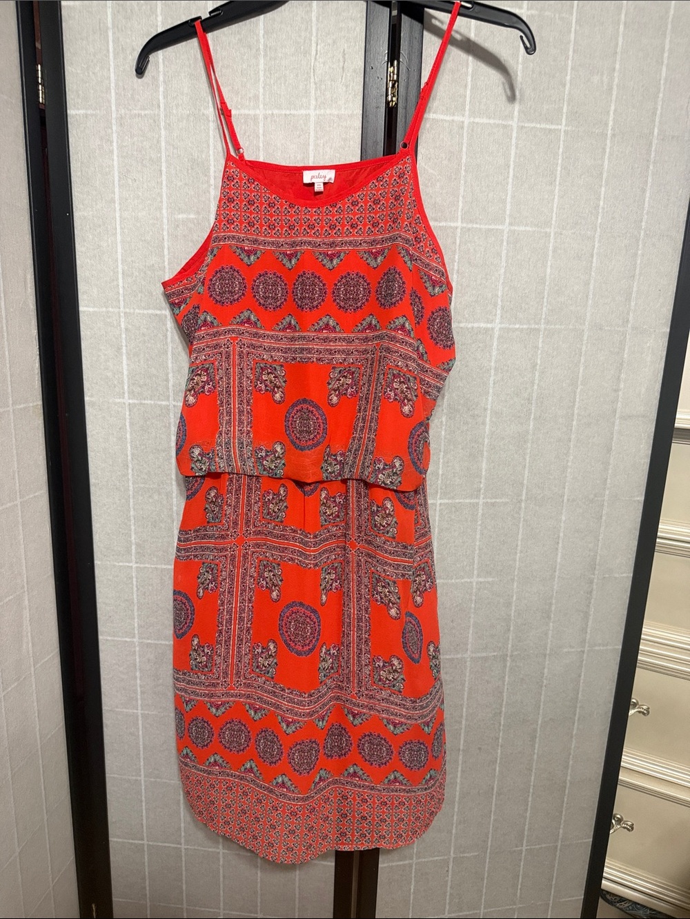 Pixley Red-Orange Printed Spaghetti-Strap Dress